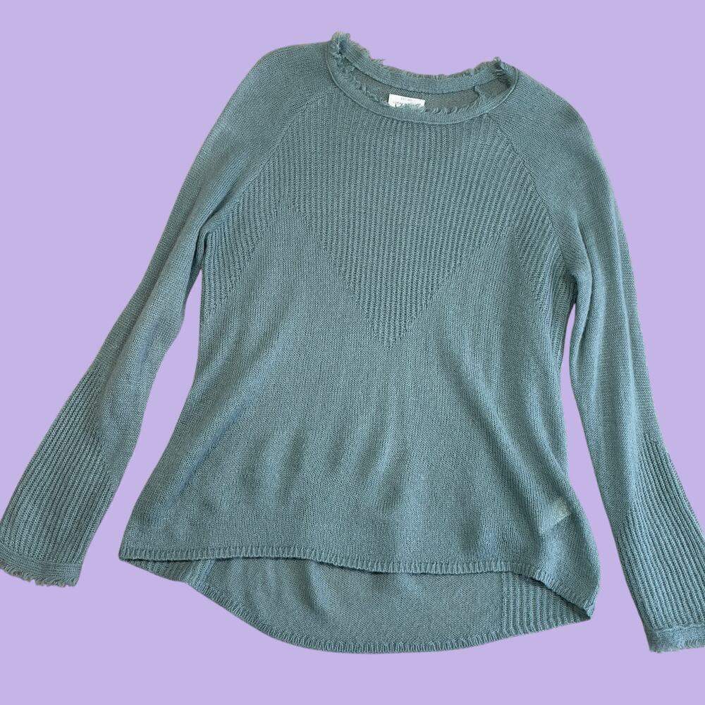 Lucky Brand wool blend lightweight blue green fringe sweater medium - Picture 6 of 12
